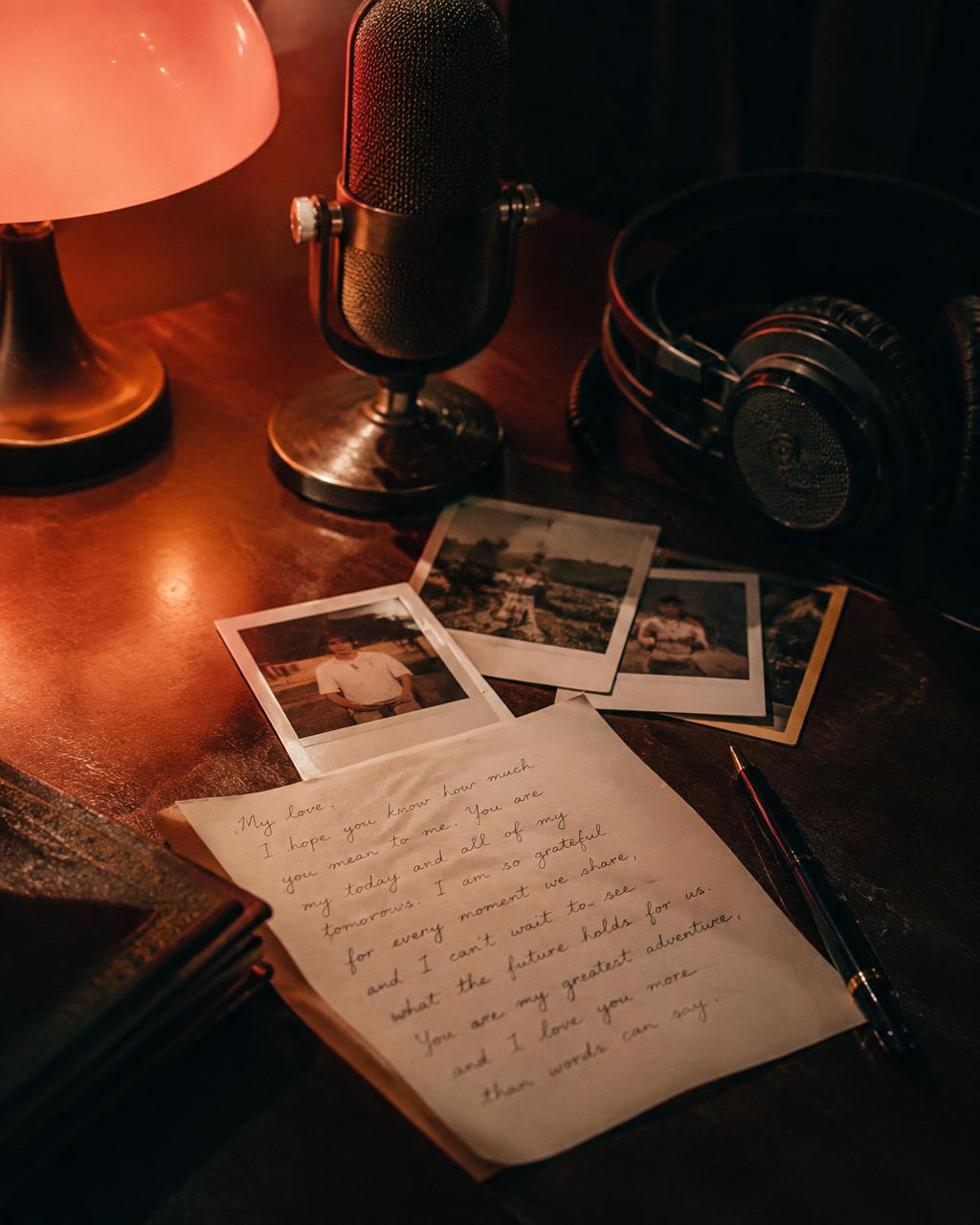 Carta de amor, fotos e microfone de estúdio